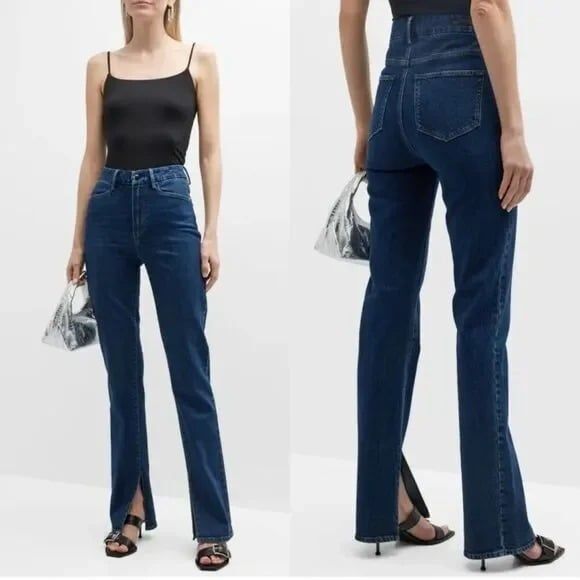 27 Paige Side Split hem Straight Leg Dark Wash Blue NEW - Picture 1 of 10